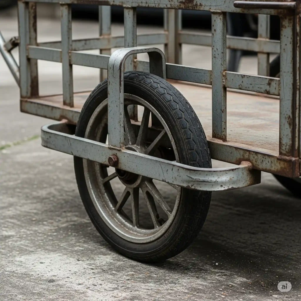 نمای نزدیک از چرخ یک گاری یا کالسکه فلزی دست‌ساز که در راهپیمایی اربعین استفاده می‌شود.